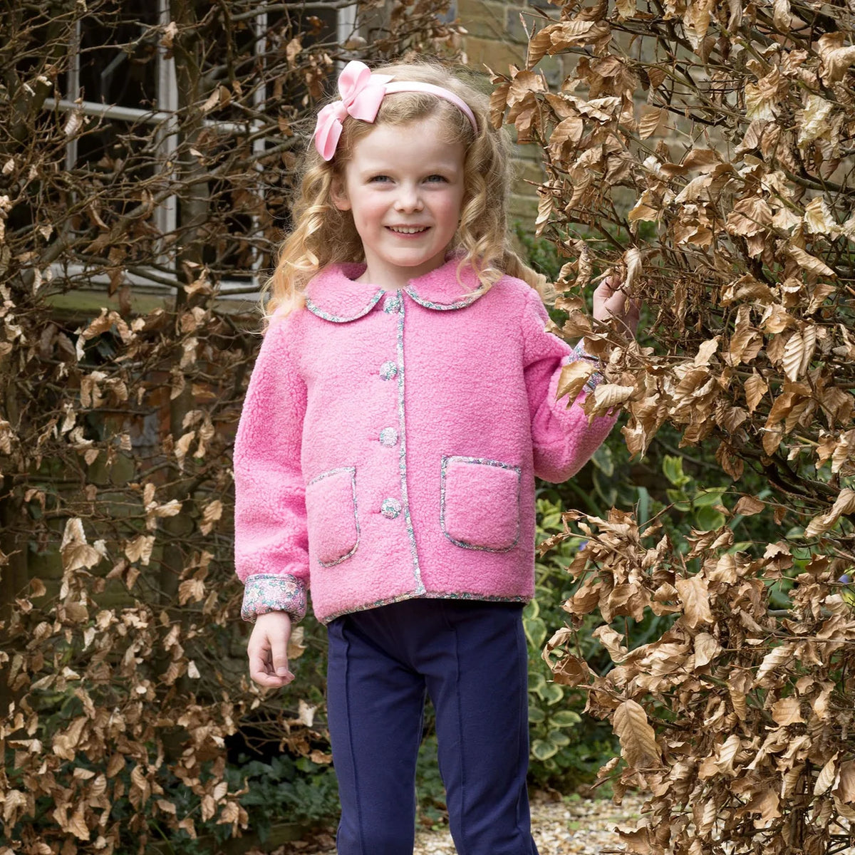 Rachel Riley Pink Shearling Floral Trim Jacket