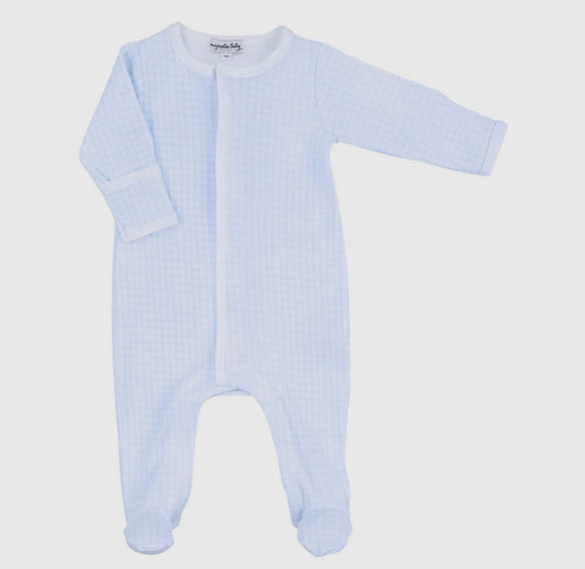 Magnolia Baby Blue Gingham Check Zip Footie