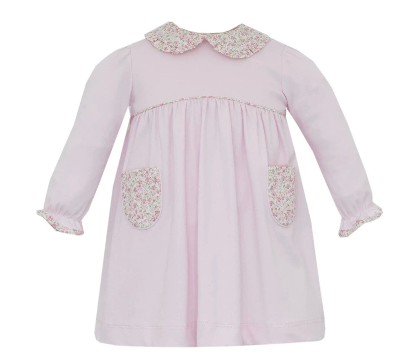 Petit Bebe Long Sleeve Pink knit dress with floral collar and pockets
