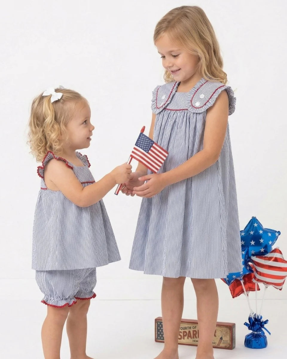 Lullaby Set Frances Flap Dress- River Royal/Red Trim