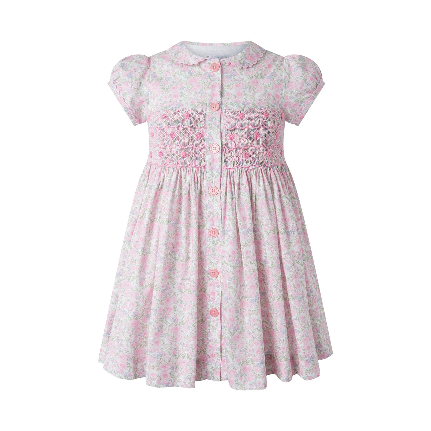 Rachel Riley Ditsy Bloom Smocked Buttonfront Dress-Pink