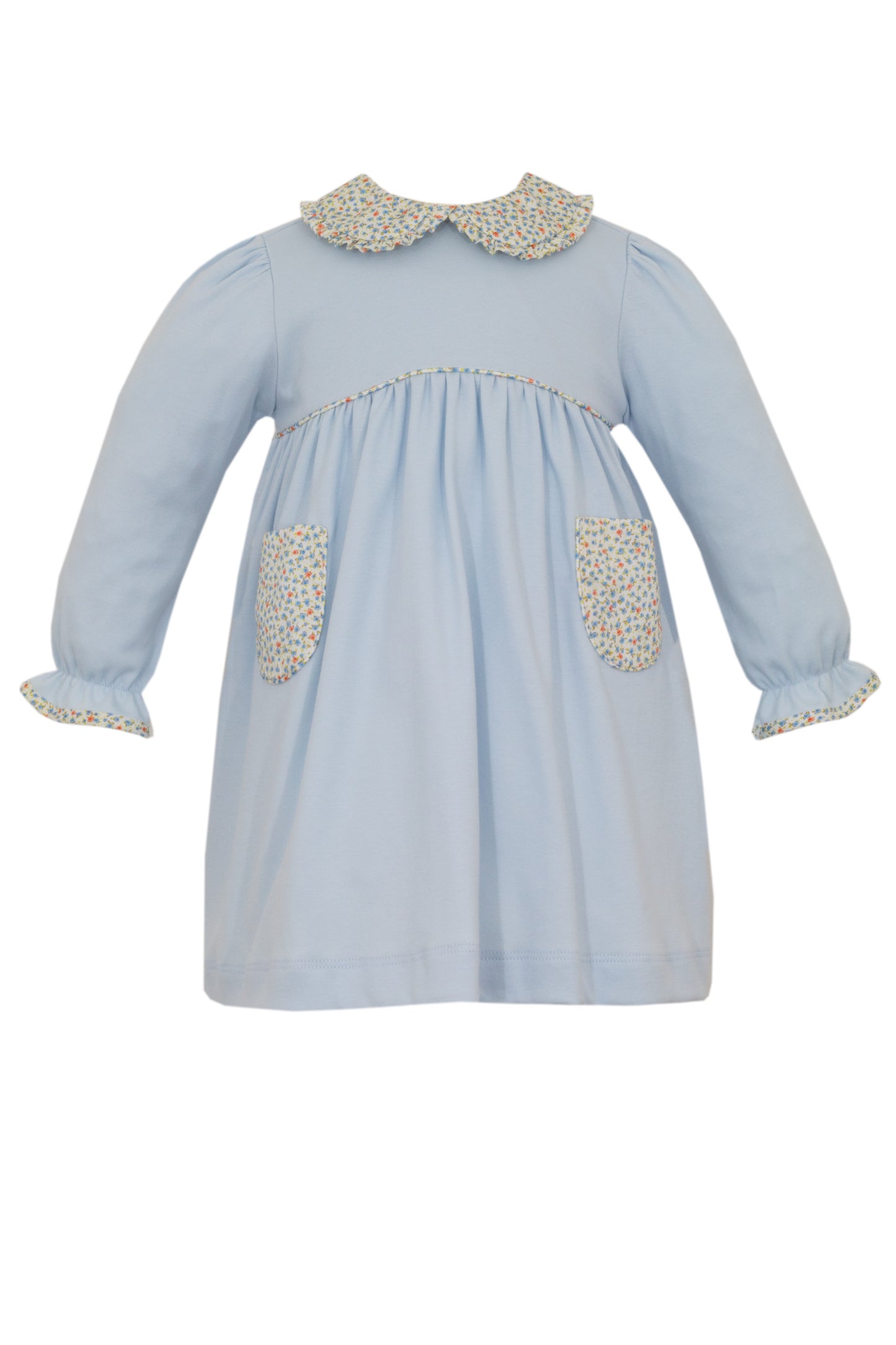 Petit Bebe Blue Knit Dress with floral collar and pockets