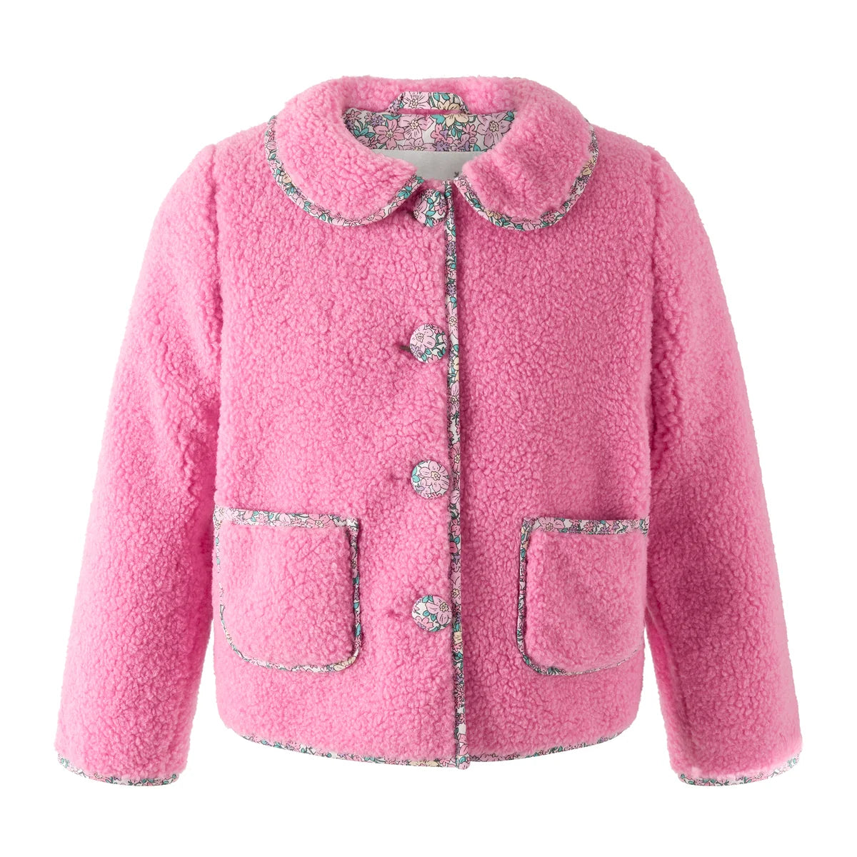 Rachel Riley Pink Shearling Floral Trim Jacket