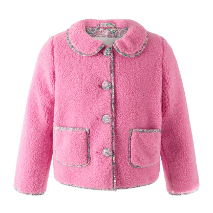 Rachel Riley Pink Shearling Floral Trim Jacket