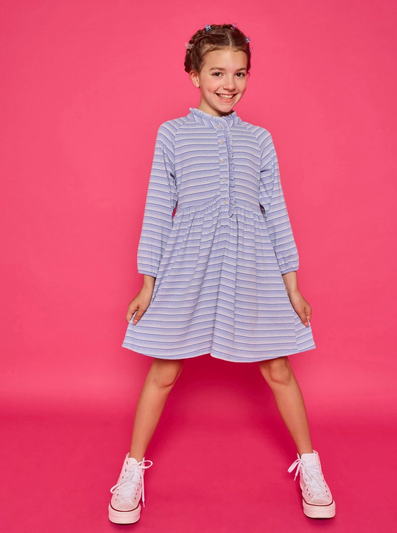 BISBY Amelia Dress- Blue Sparkle Stripe