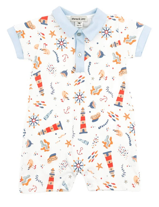 Marco and Lizzy Seaside Print Baby Boy Sunsuit