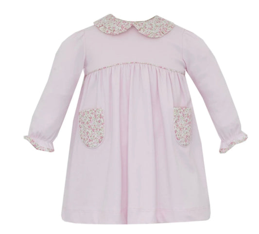 Petit Bebe Long Sleeve Pink knit dress with floral collar and pockets