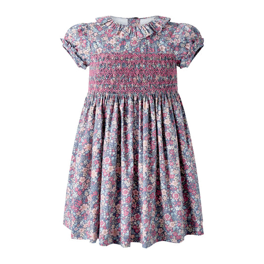 Rachel Riley Grey Smocked Floral Dress