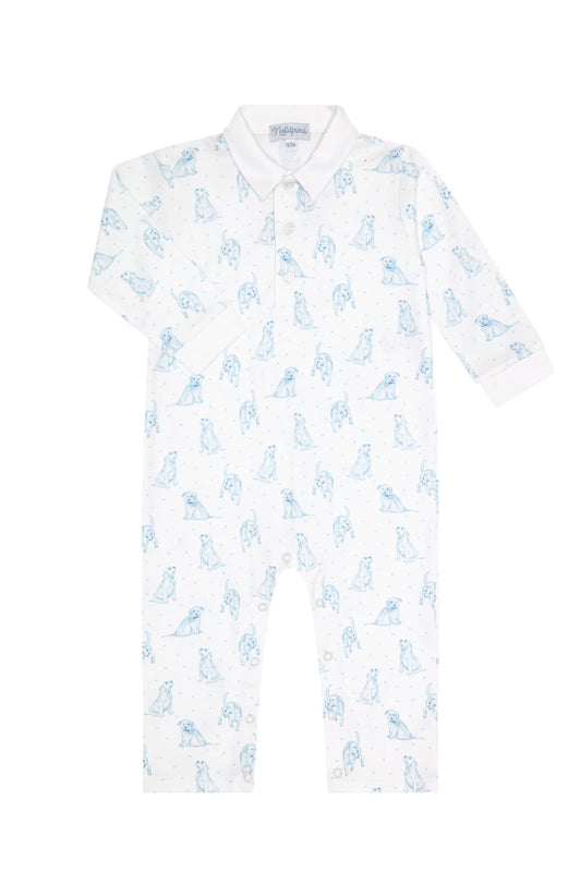 Nella Pima Blue Puppy Love Print Long Sleeve Romper