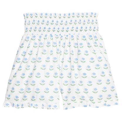 BISBY Shirred Ruffle Shorts- Blue Tulip Block Print