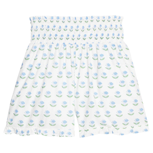 BISBY Shirred Ruffle Shorts- Blue Tulip Block Print