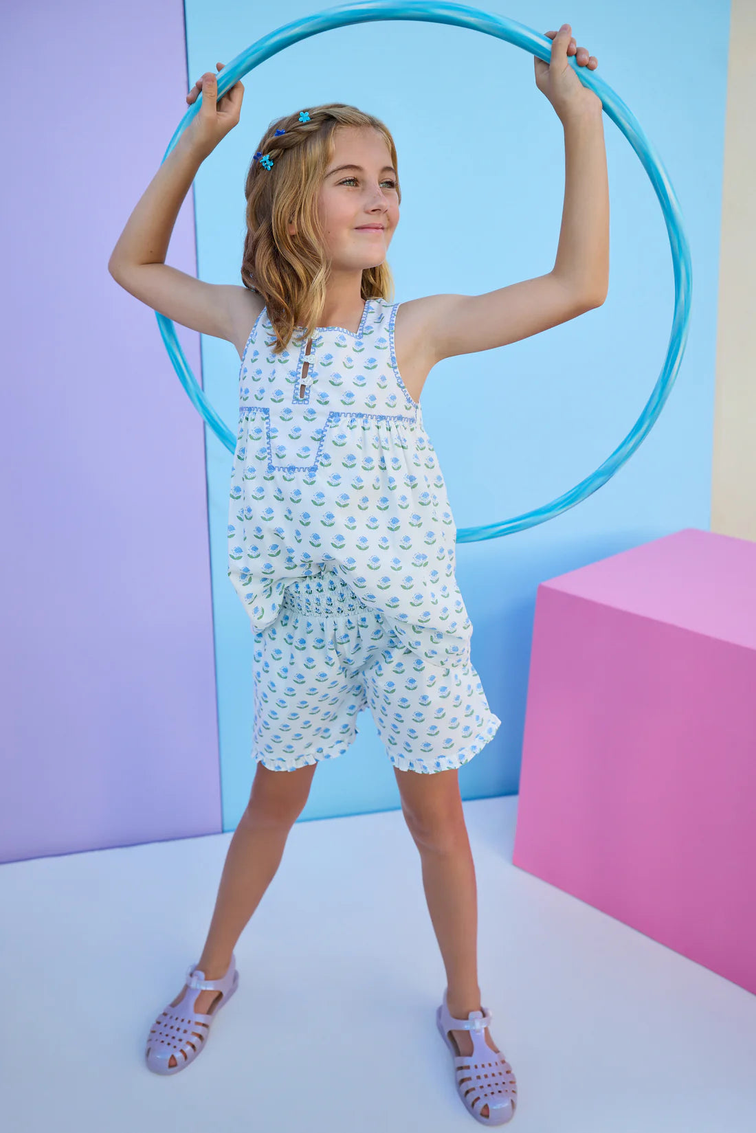 BISBY Shirred Ruffle Shorts- Blue Tulip Block Print