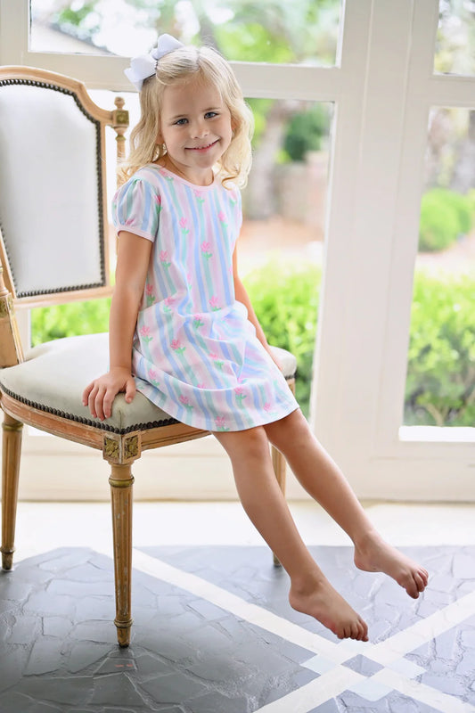 James and Lottie Play Dress- Pastel Floral Stripe