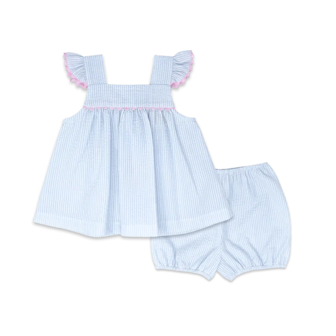 Lullaby Set Sally Swing Set- Blue seersucker with pink trim