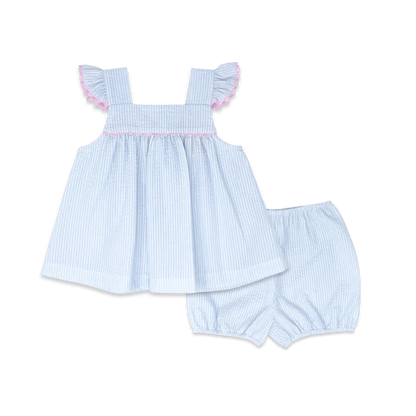 Lullaby Set Sally Swing Set- Blue seersucker with pink trim