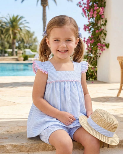 Lullaby Set Sally Swing Set- Blue seersucker with pink trim