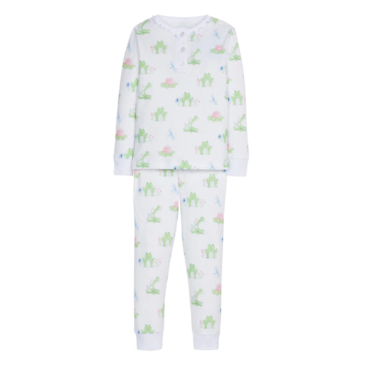 Little English Ruffled Printed Jammies- Pink Leap Frogs