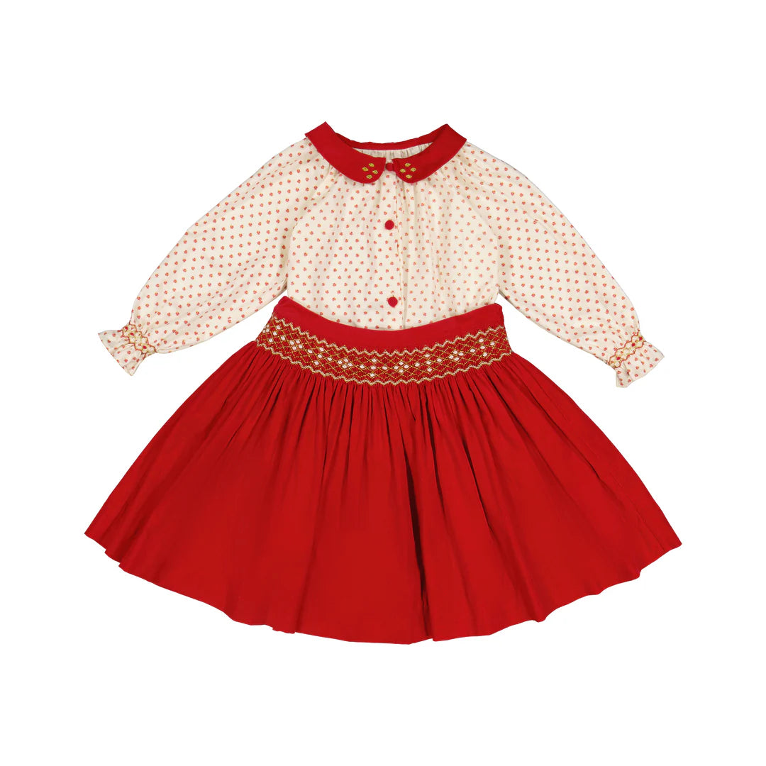 Antoinette Marie Red Smocked Skirt and Blouse