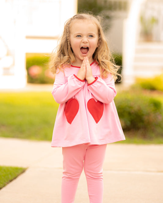 The Yellow Lamb Tabby Tunic- Pink with Red hearts