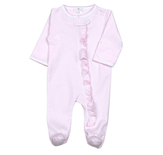 Hug Me First Tiny Pink Stripes Zipper Footie with ruffle